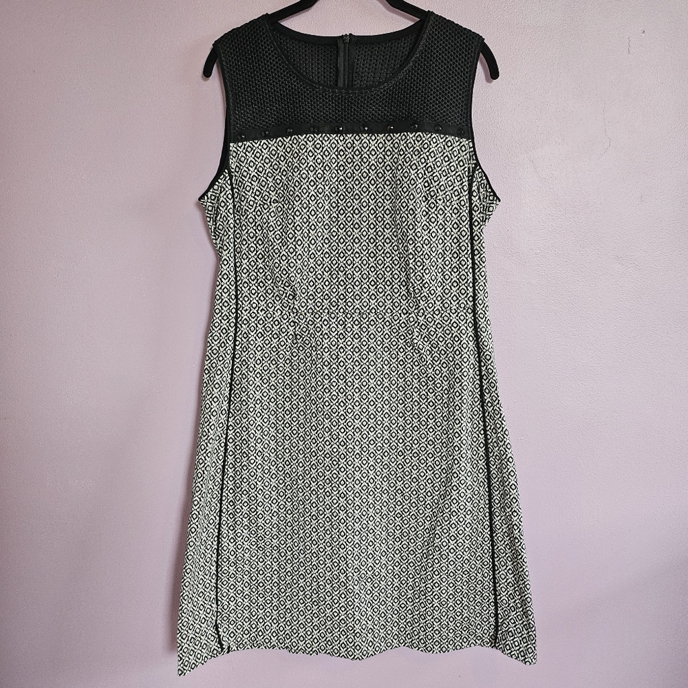 SFIZIO Italian Black & White Print Mesh Shoulder Embellished A-Line Midi Dress
